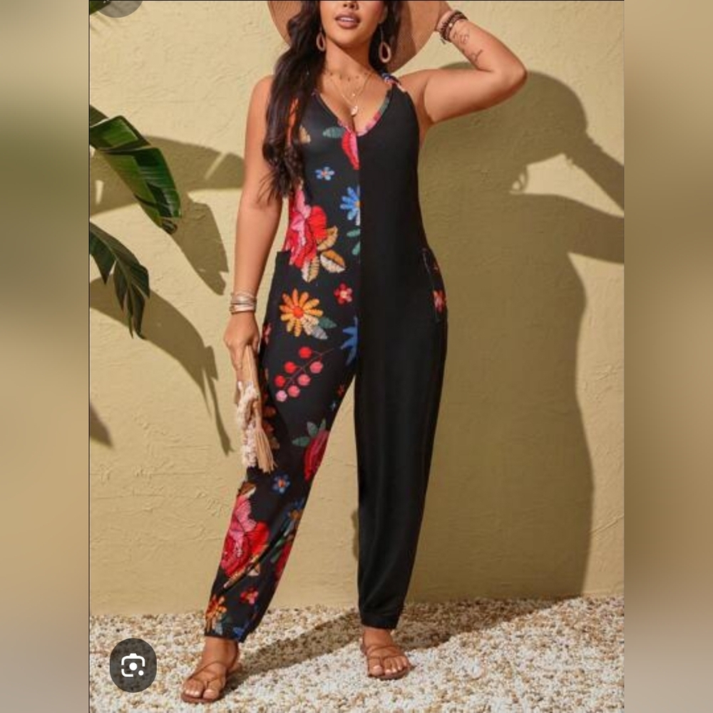 NWT Multicolor Floral & Black Racerback Jumpsuit 1X
